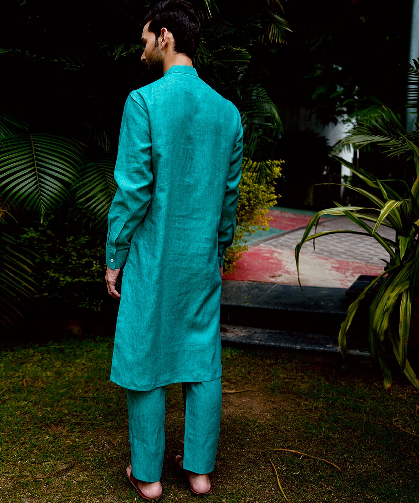 Pine Green Linen Kurta Pyjama Set