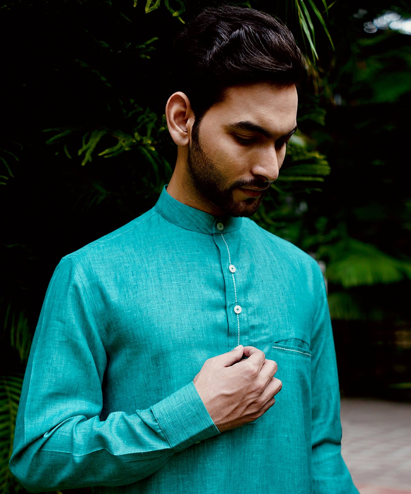 Pine Green Linen Kurta Pyjama Set