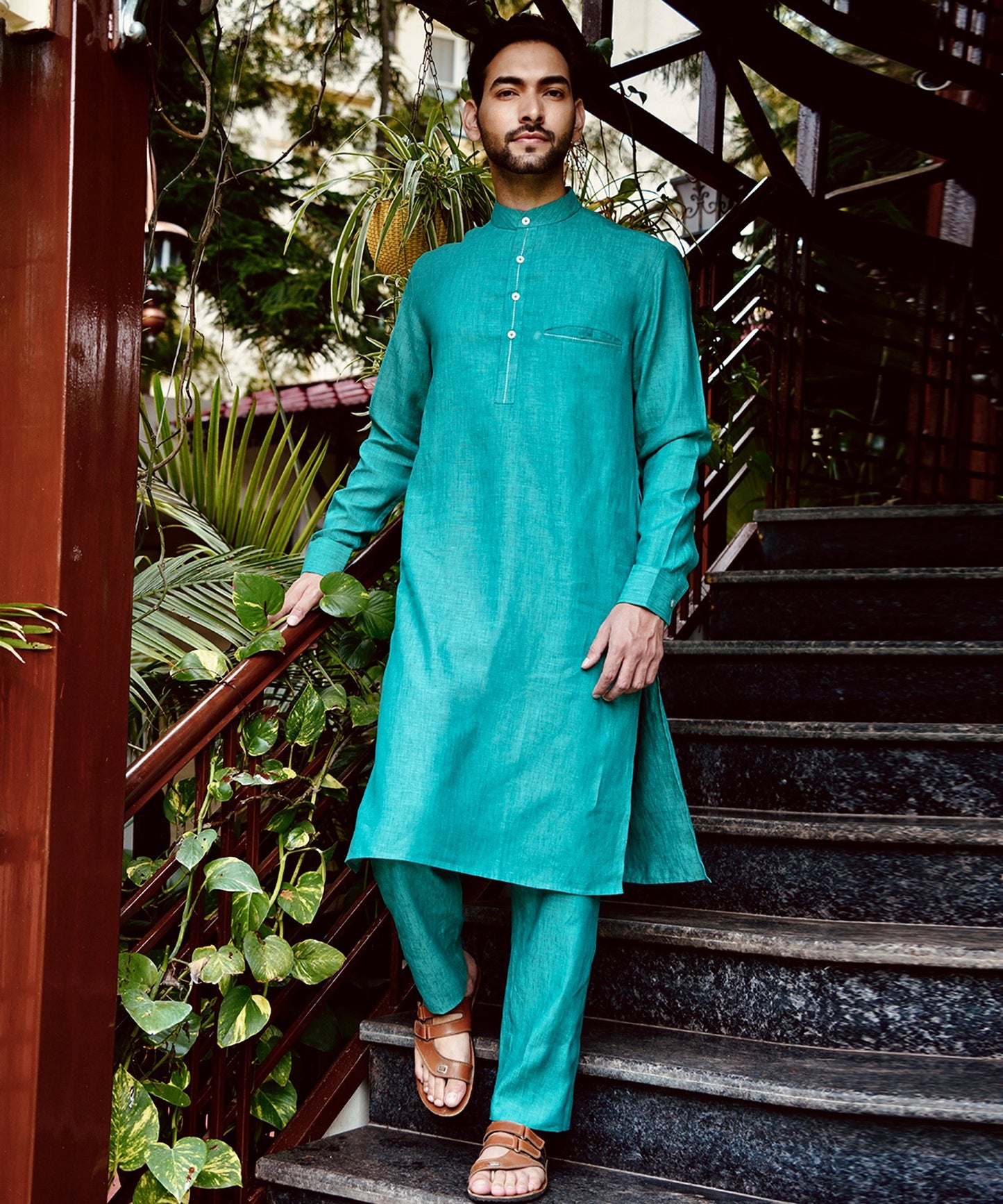 Pine Green Linen Kurta Pyjama Set