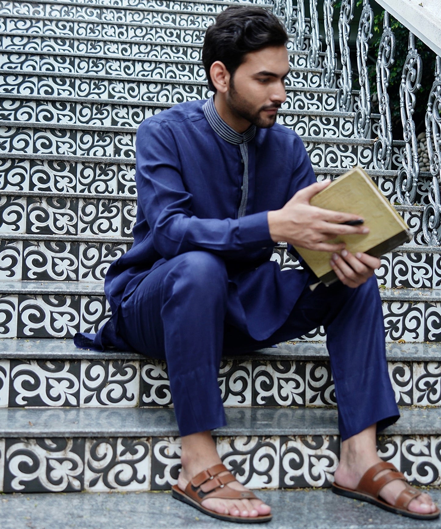 Egyptian Blue Linen Kurta Pyjama Set