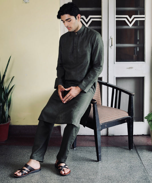 Majestic Moss Linen Kurta Pyjama Set